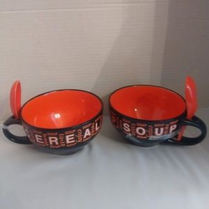 My Cafe Set of 2 Soup/Cereal Ceramic Bowls/w Spoons